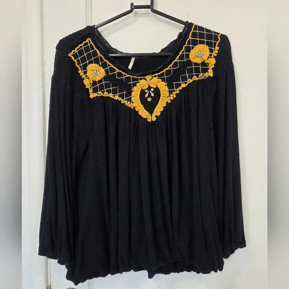 Free People Begonia Embroidered Top Black Long Sleeve Medium
